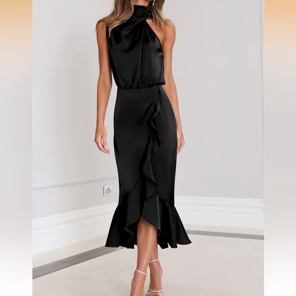 Satin Mock Neck Ruffle Formal Dress Midi